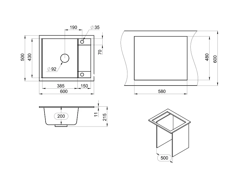 Мойка для кухни Granula 6002 алюминиум, 60х50 см, прямоугольная