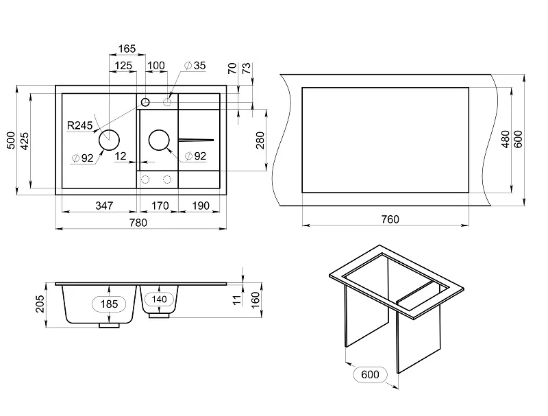 Мойка для кухни Granula 7802 алюминиум, 78х50 см, прямоугольная