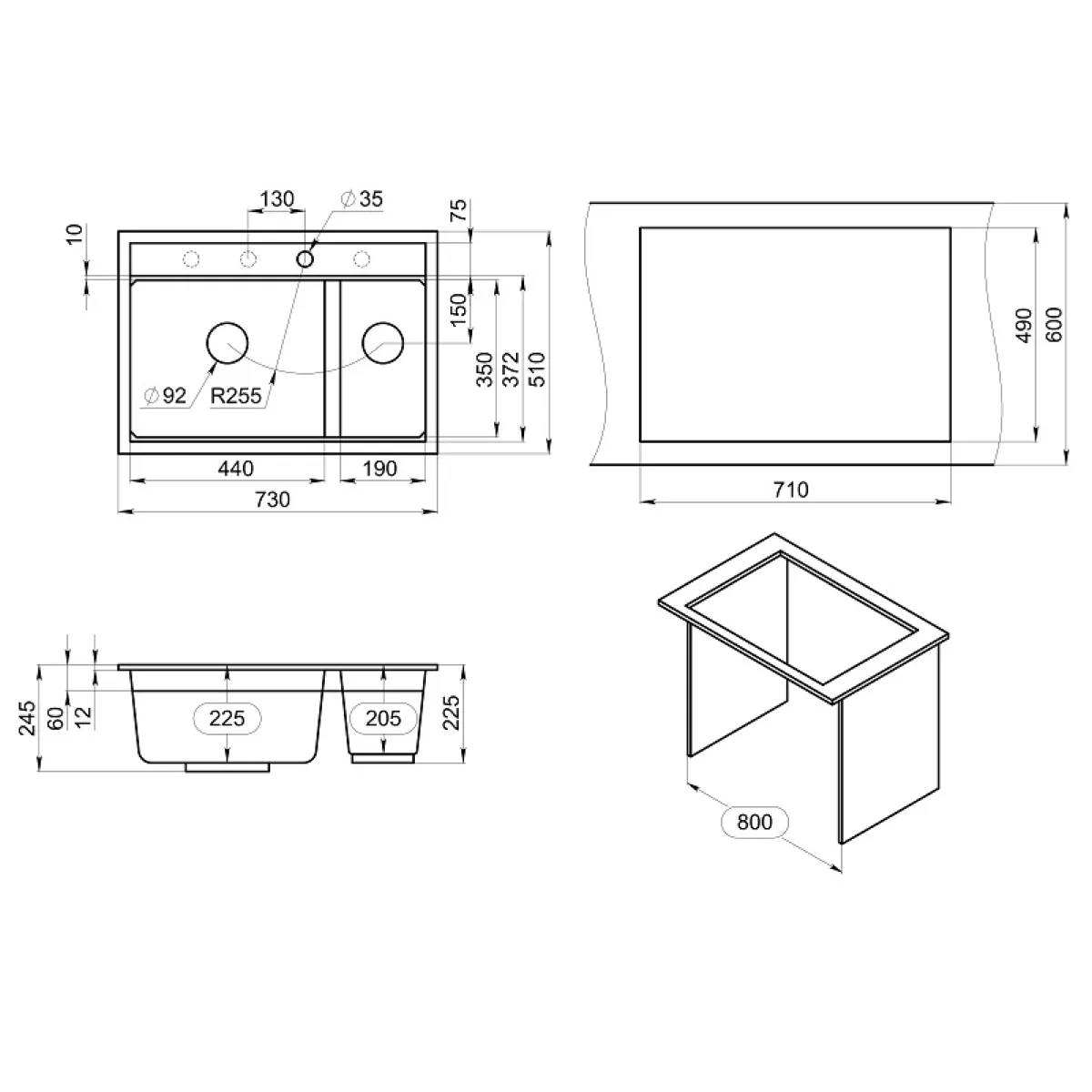 Мойка для кухни Granula Kitchen Space 7302i алюминиум, 73х51 см, прямоугольная