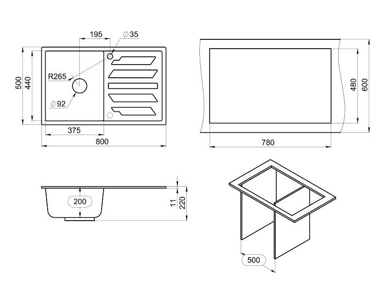 Мойка для кухни Granula 8002 алюминиум, 80х50 см, прямоугольная