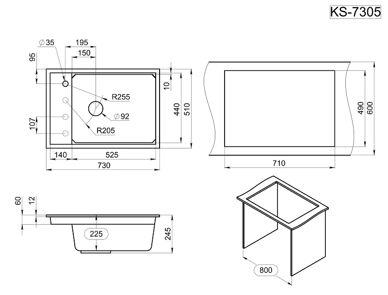 Мойка для кухни Granula Kitchen Space 7305 алюминиум, 73х51 см, прямоугольная