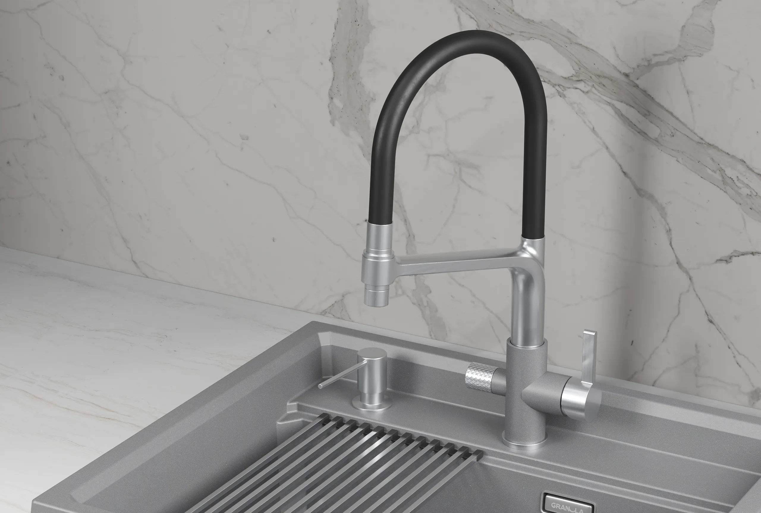 Смеситель для кухни Granula 5083 алюминиум, подключение к фильтру, гибкий излив, с душем