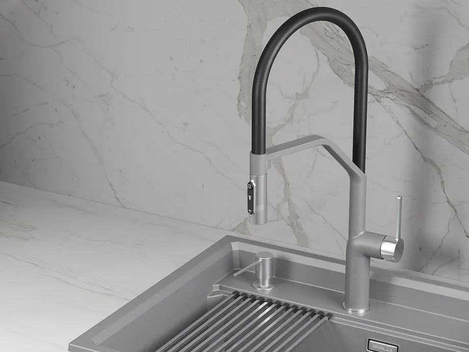 Смеситель для кухни Granula 9012 алюминиум, подключение к фильтру, гибкий излив, с душем