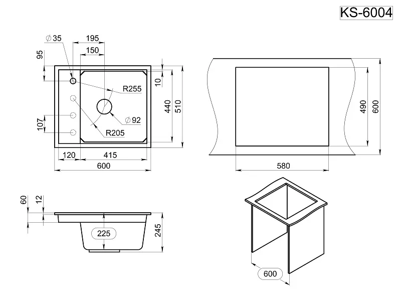 Мойка для кухни Granula Kitchen Space 6004 алюминиум, 60х51 см, прямоугольная