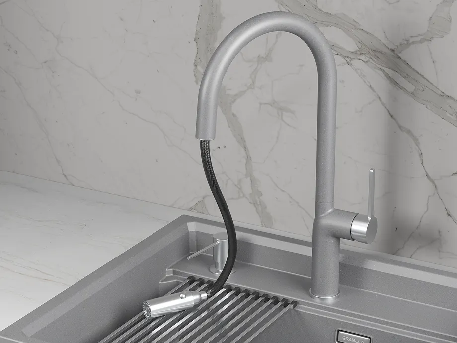 Смеситель для кухни Granula 9010 алюминиум, выдвижной излив, с душем