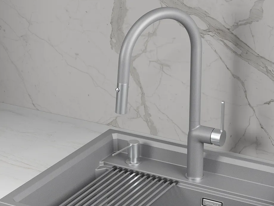 Смеситель для кухни Granula 9010 алюминиум, выдвижной излив, с душем