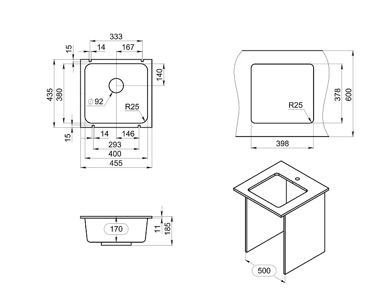 Мойка для кухни Granula 3801 алюминиум, 43,5х45,5 см, квадратная