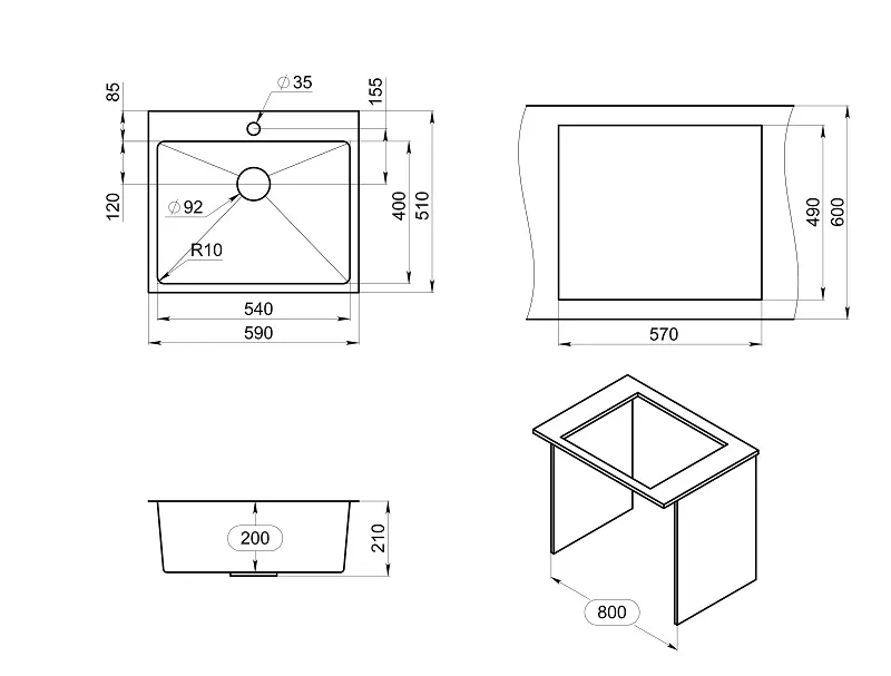 Мойка для кухни Granula 5951 графит матовый, 59х51 см, прямоугольная