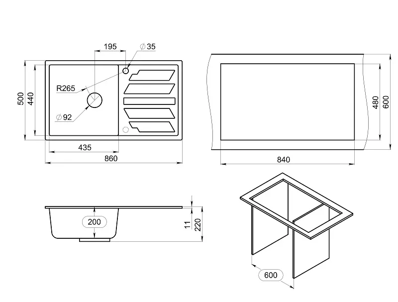 Мойка для кухни Granula 8601 алюминиум, 86х50 см, прямоугольная