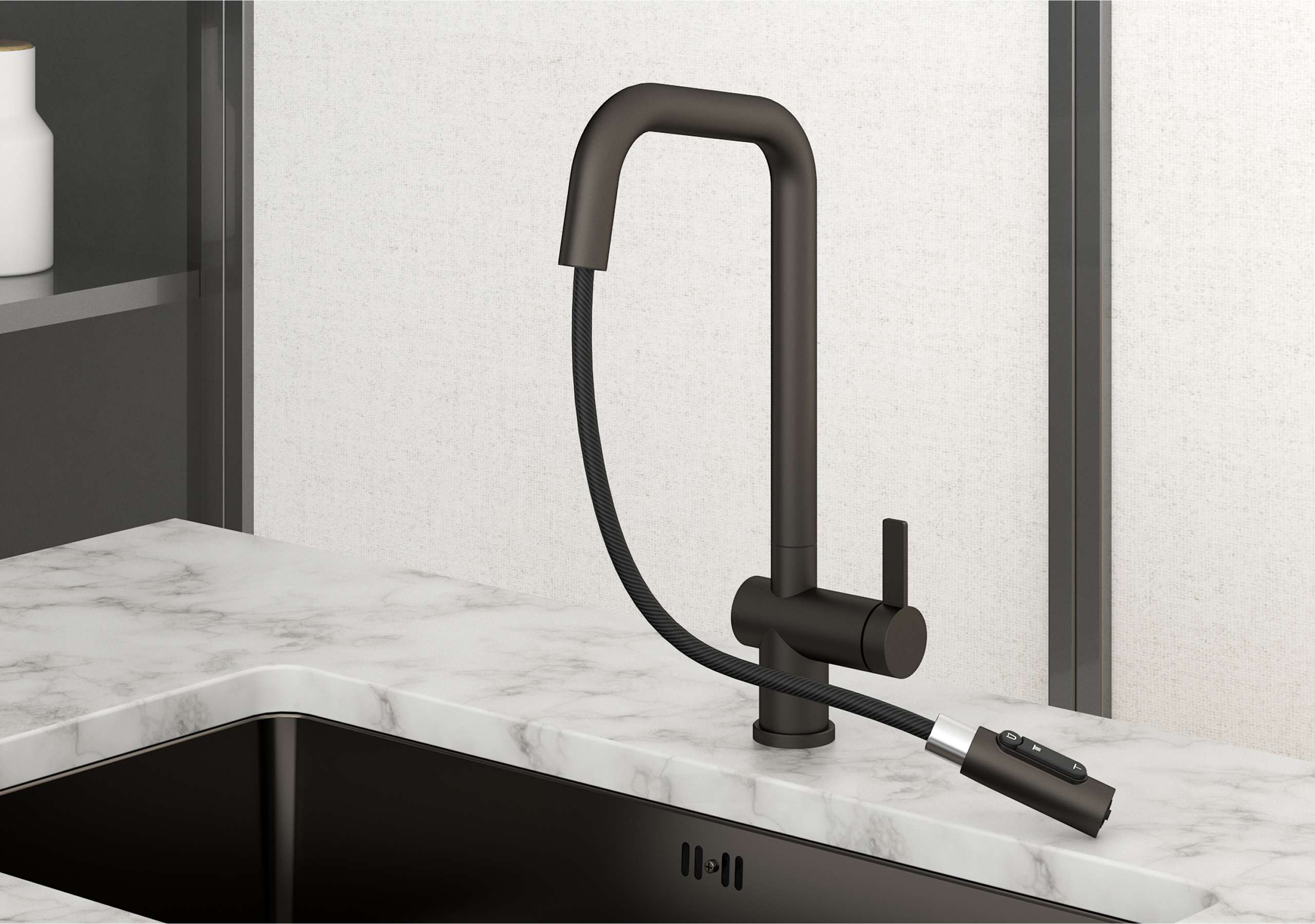 KS-7273, ГРАФИТ МАТОВЫЙ, Смеситель кухонный с выдвижным изливом с переключением на душ и фильтром,сталь